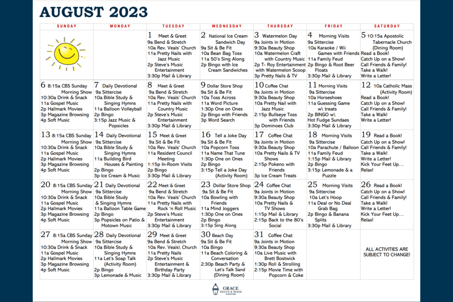 August Activity Calendar