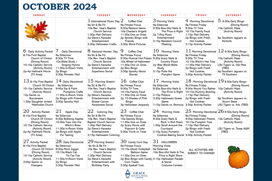 October Activity Calendar