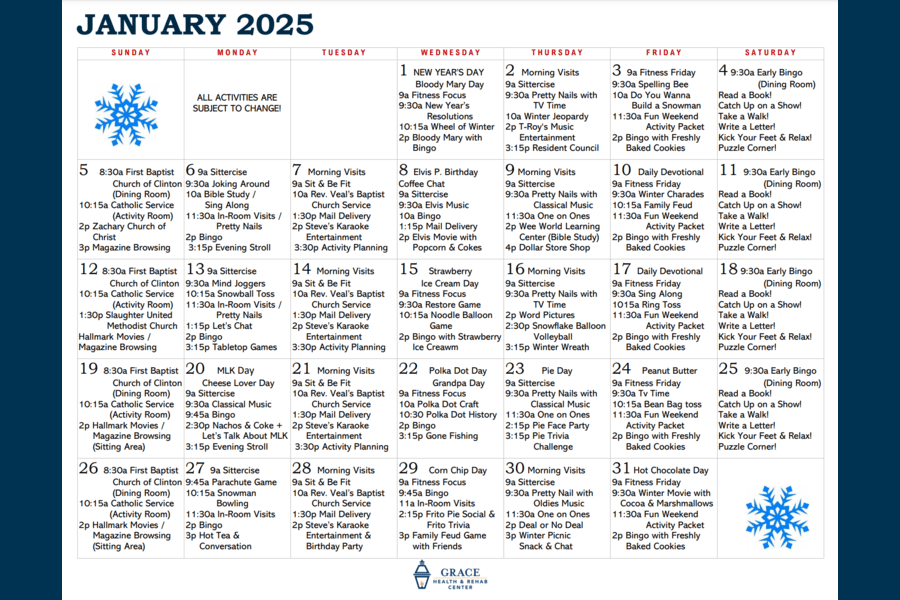 January Activity Calendar