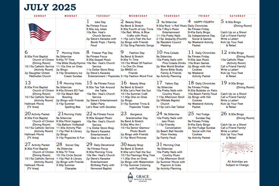July Activity Calendar