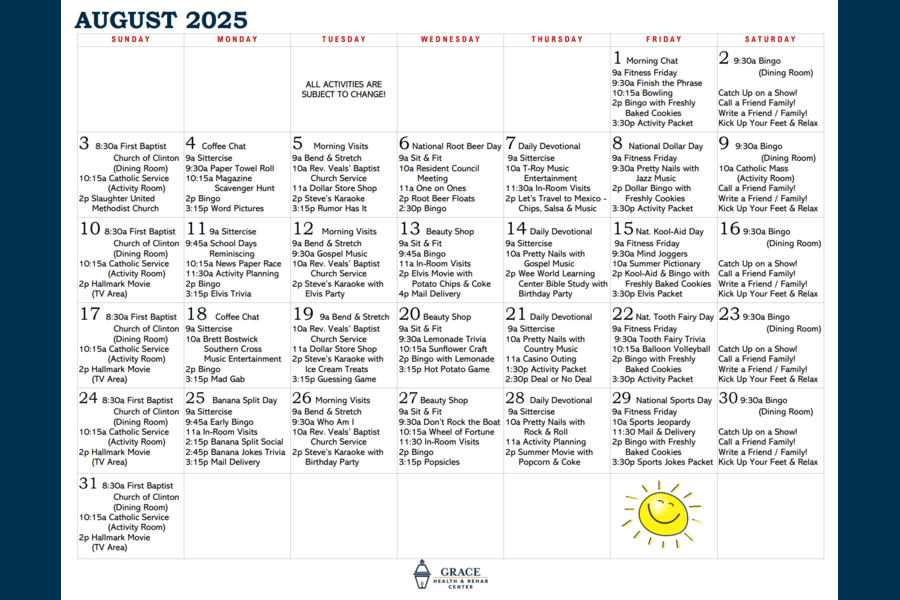 August Activity Calendar