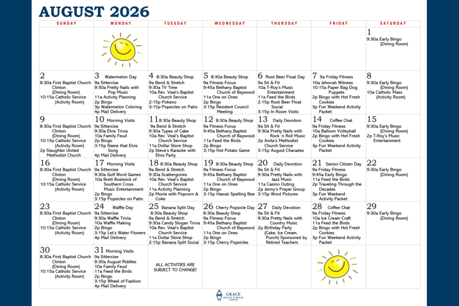 August Activity Calendar