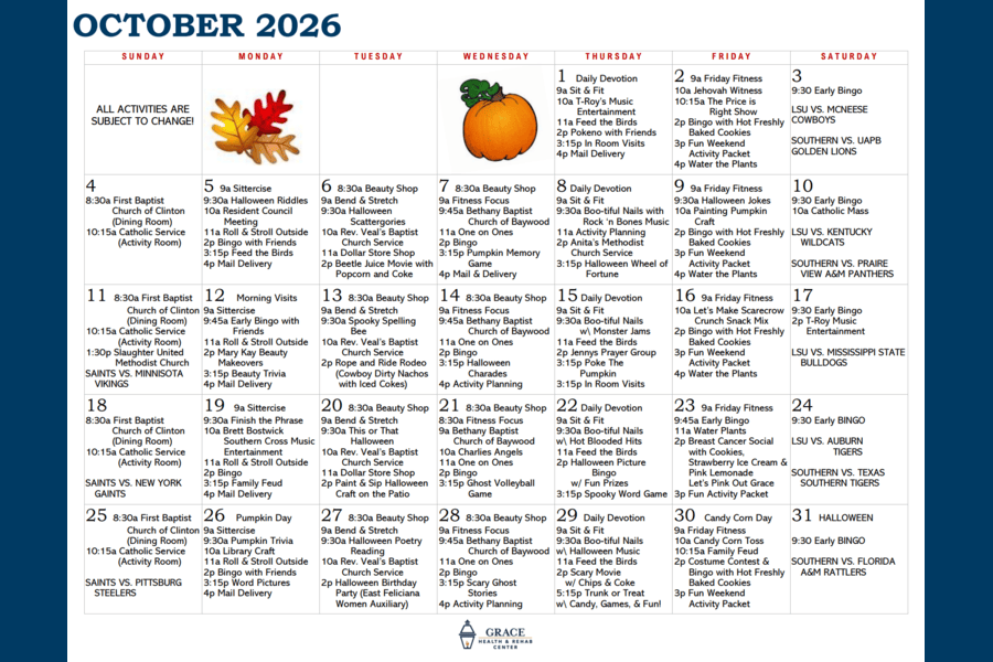 October Activity Calendar