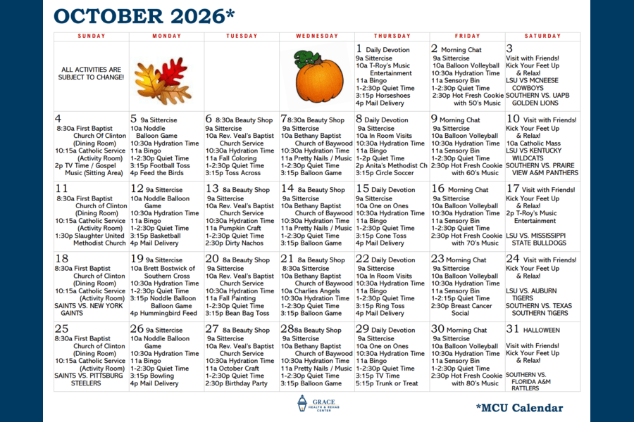 October MCU Activity Calendar